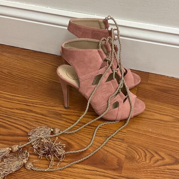 Missguided Suede Peep Toe Lace Up Tassel Heel Sandals Size 3US Pink - Picture 3 of 3